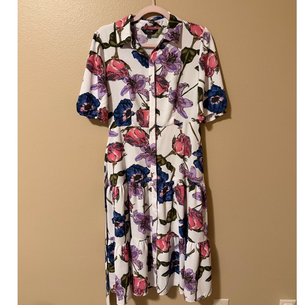 Nicole by Nicole Miller Floral Midi Shirtdress White Pink Blue Tiered Size S